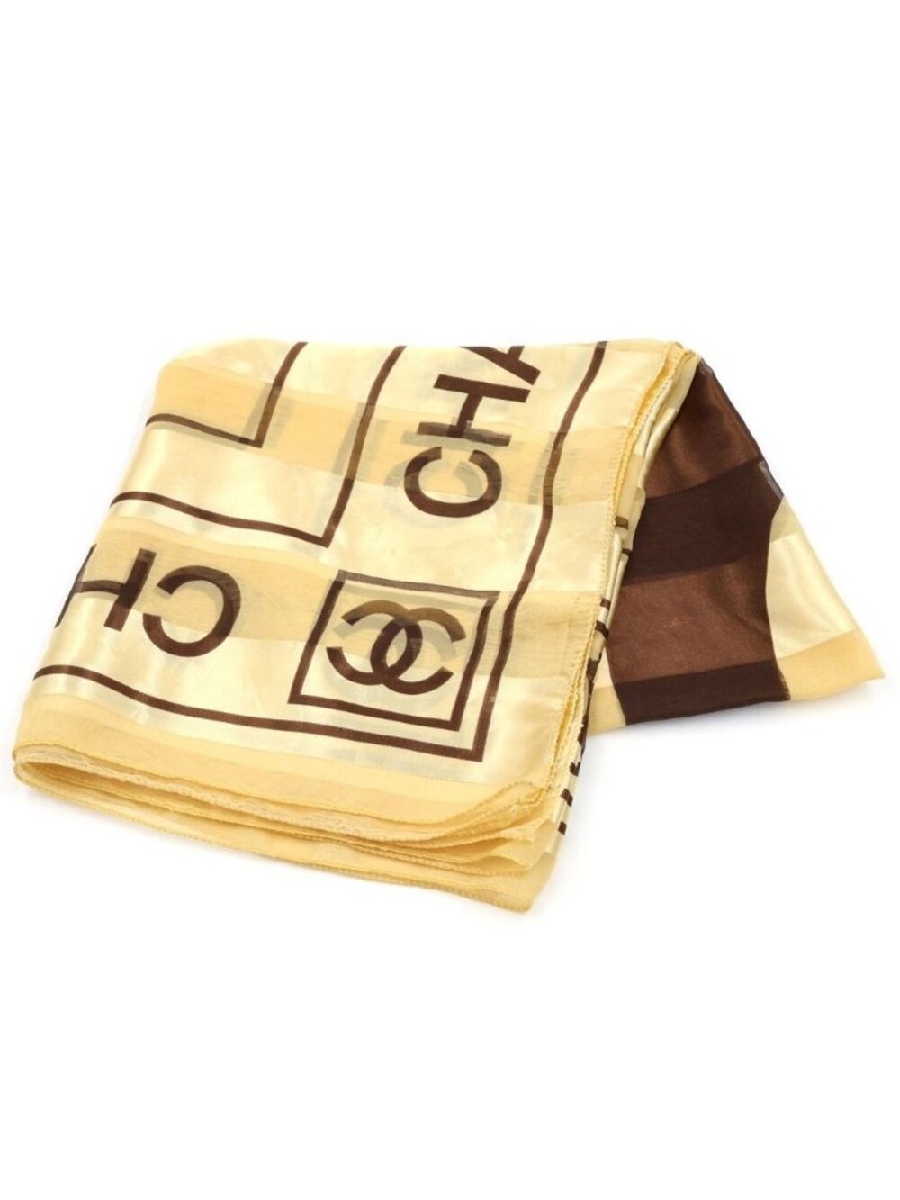 Chanel CC Logo Silk Sheer Scarf Large All Over Print Beige Brown